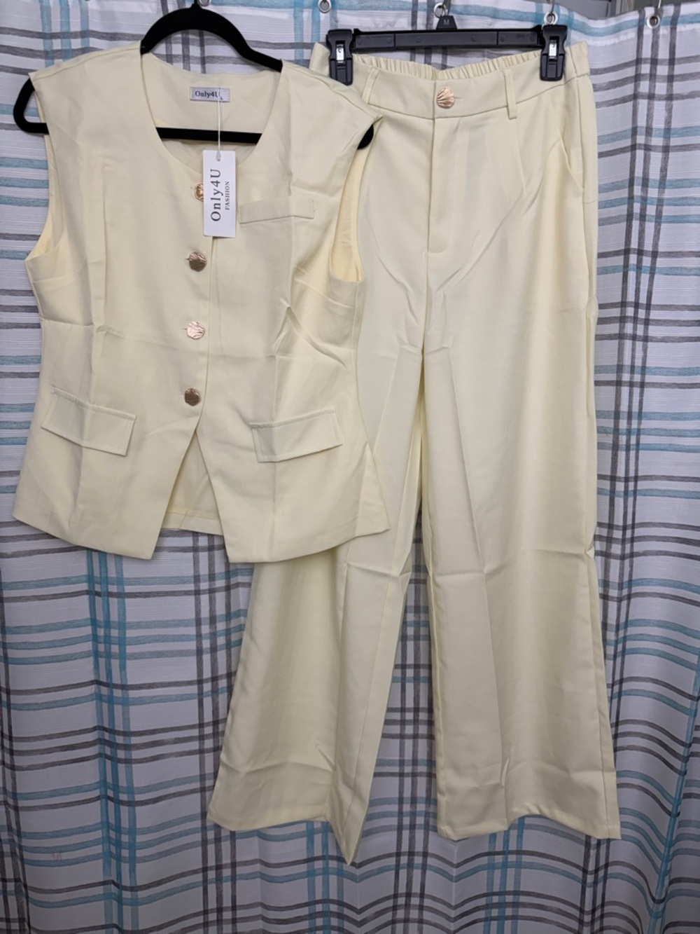 Only Women's Soft Pastel Yellow Two-Piece Vest & Wide-Leg Pants Set